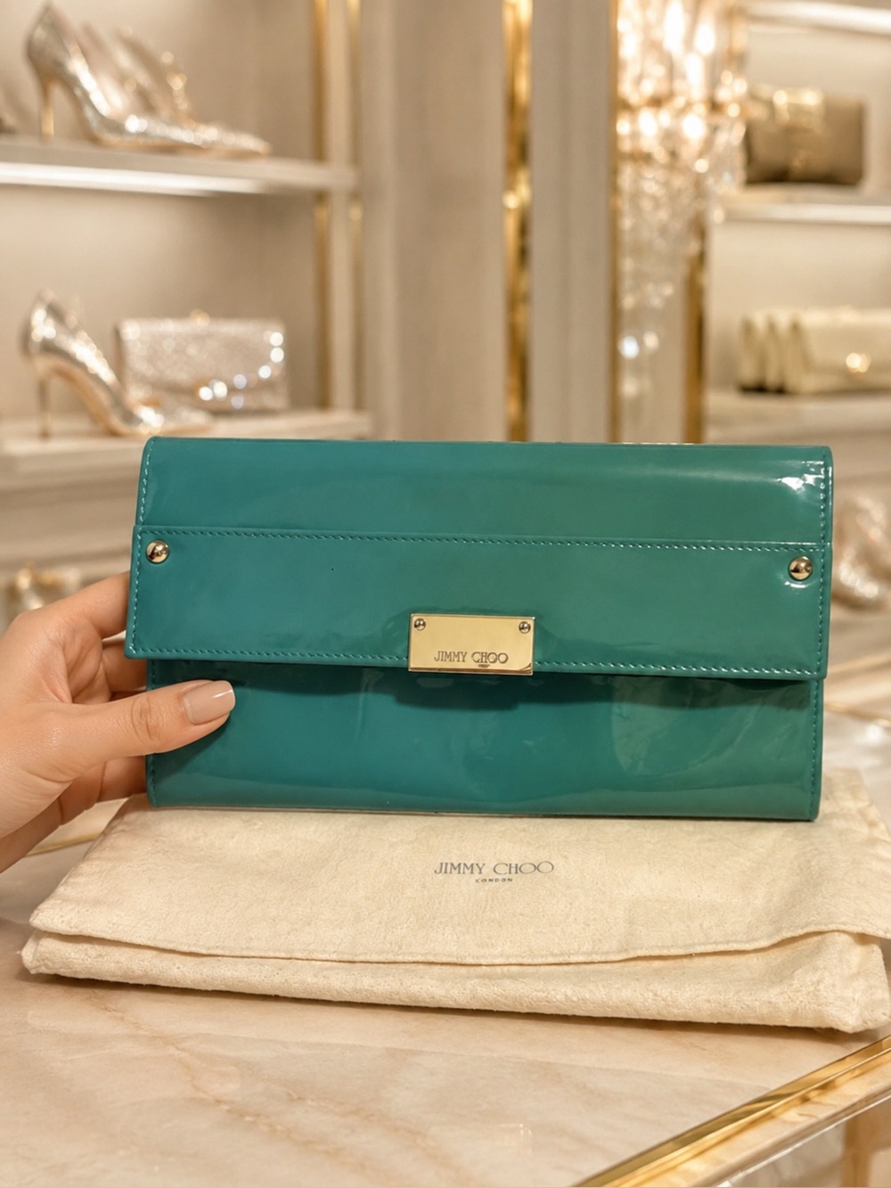 Jimmy Choo Teal Patent Leather Fold-Over Clutch with Gold Plate
